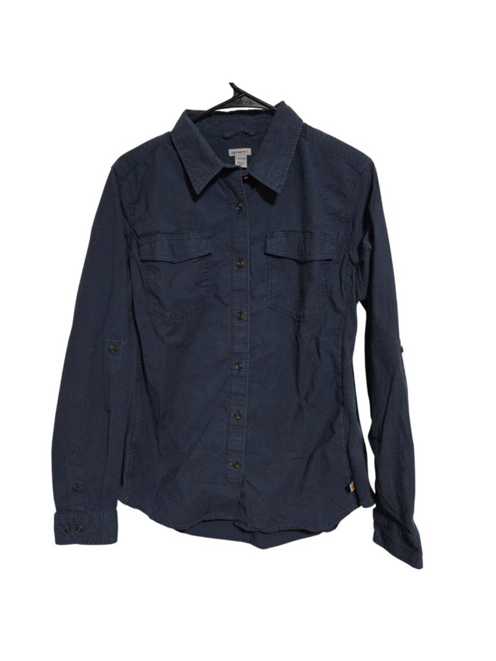 Carhartt Button Up Shirt Womens Size Large Teal Blue Roll Tab Sleeve Casual